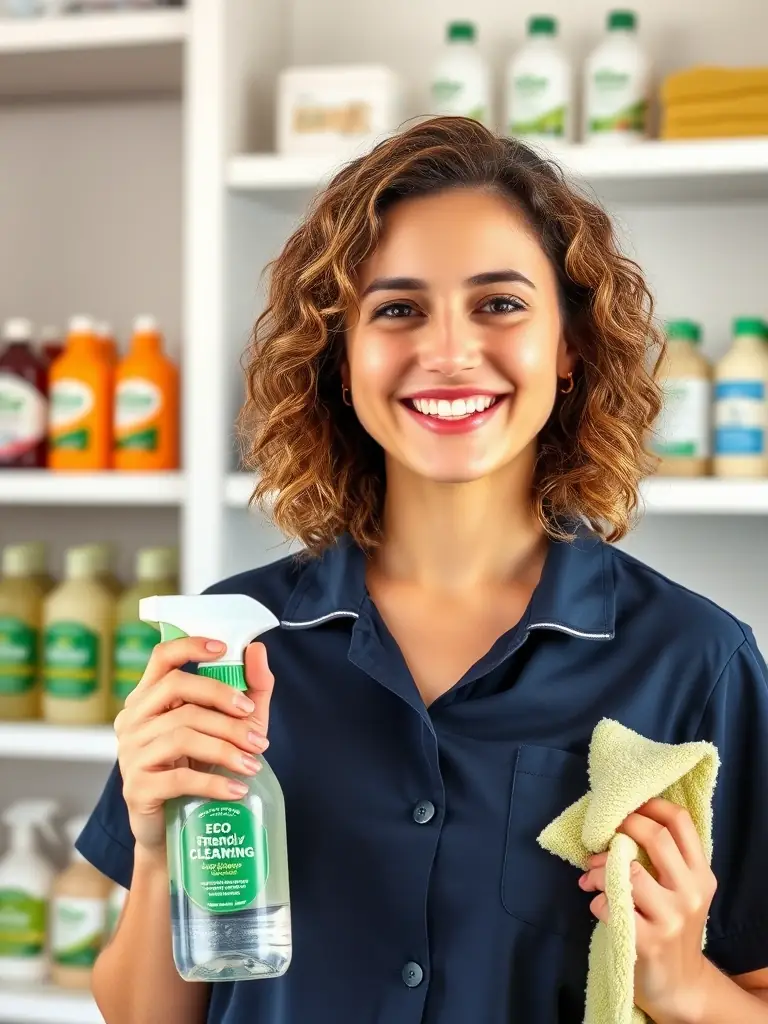 A close-up shot of a Nashua Cleaning employee using eco-friendly cleaning products in a retail setting, emphasizing the company's commitment to sustainability.