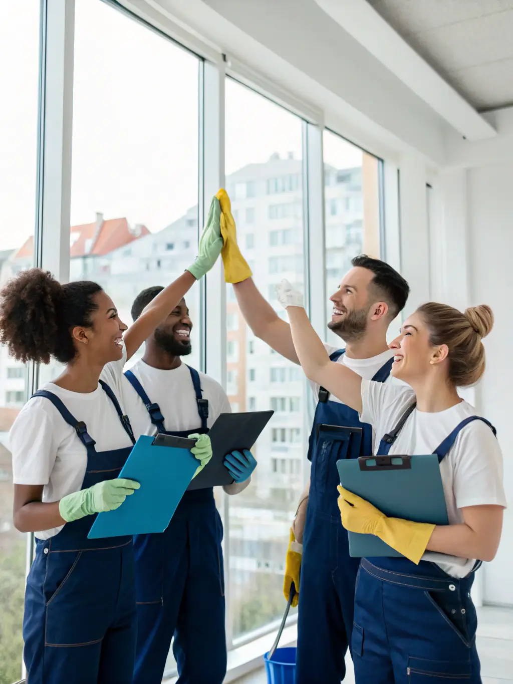 A friendly cleaning crew from Nashua Cleaning smiling and waving, showcasing their local presence and approachable service.