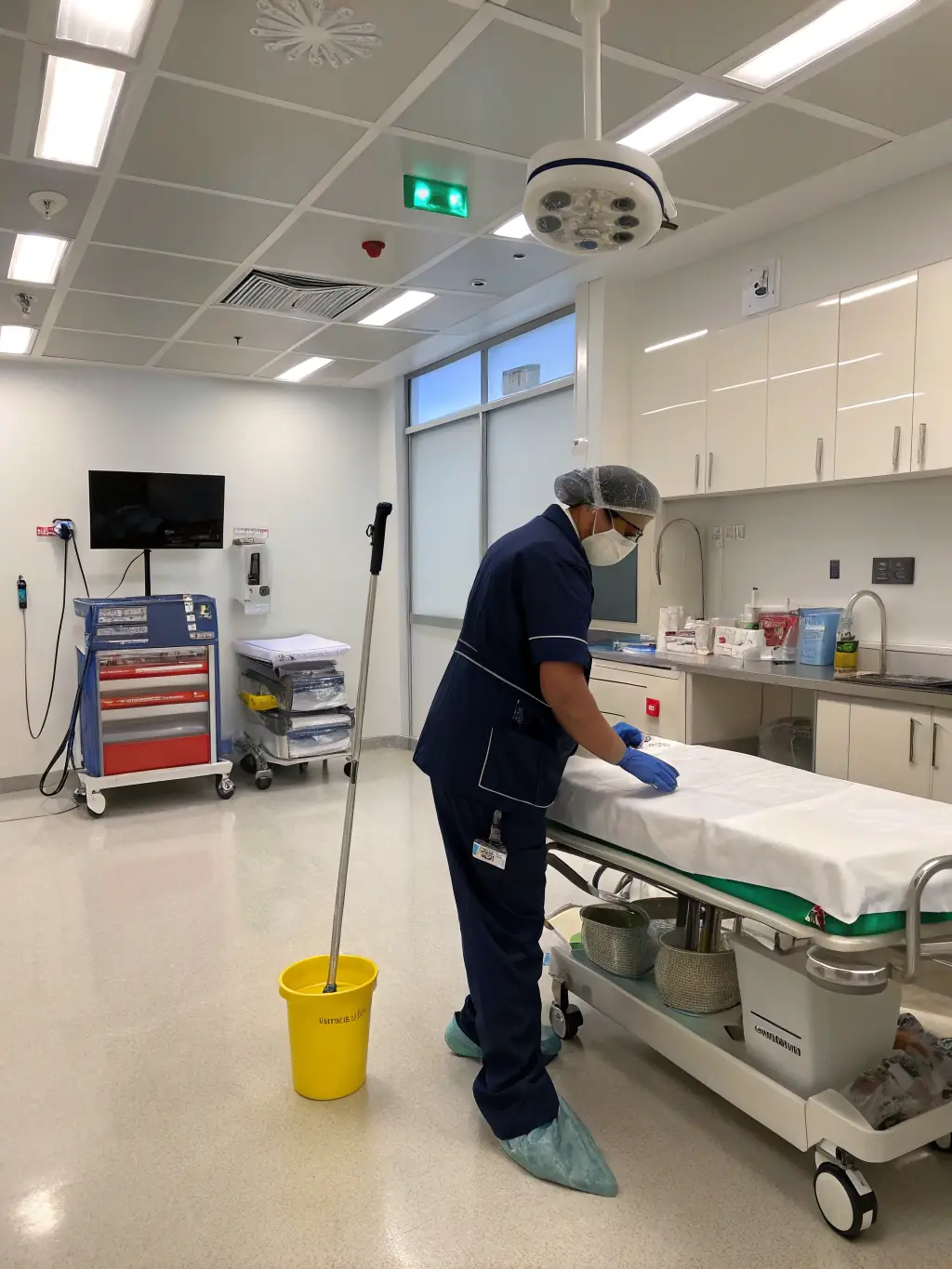 Medical cleaning staff disinfecting a clinical examination room, highlighting Nashua Cleaning's specialized medical office cleaning.