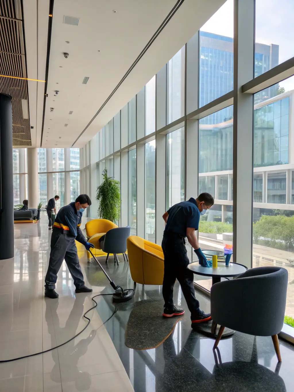 A brightly lit, modern office space with desks neatly arranged and a cleaning crew member vacuuming the carpet, showcasing a clean and organized work environment.