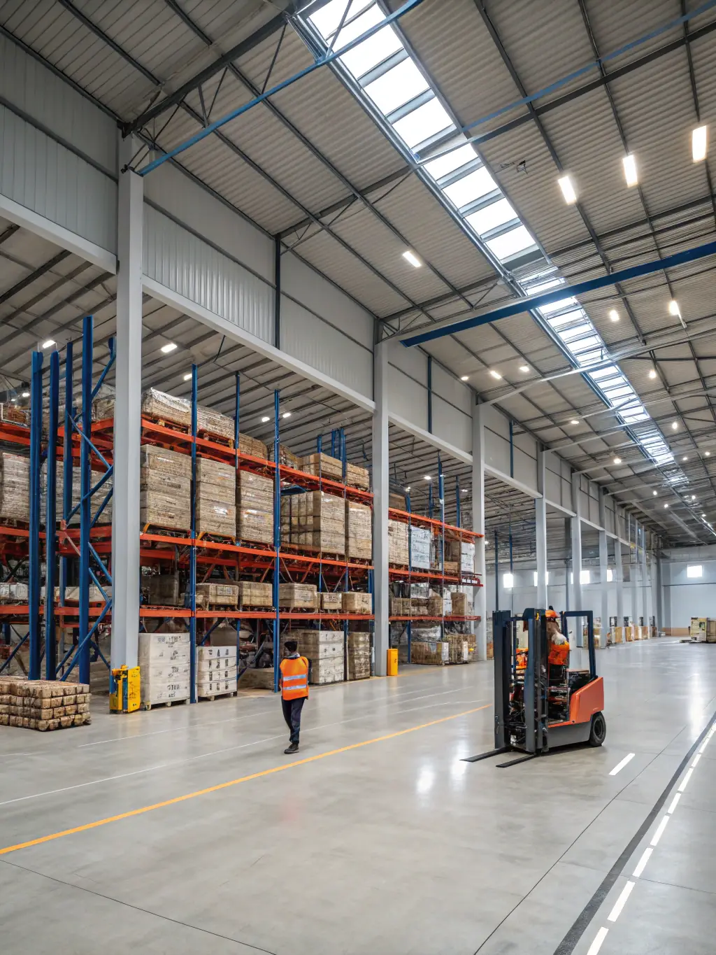 A large, well-maintained warehouse with clean floors and organized storage, demonstrating a safe and efficient industrial environment.