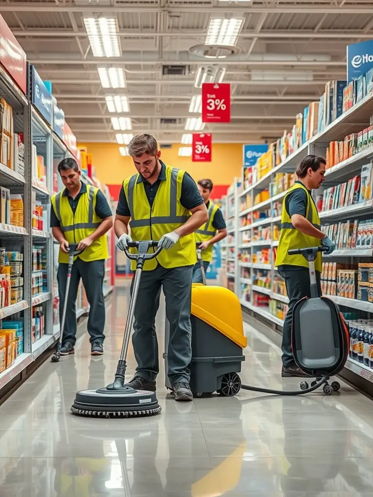 A team of Nashua Cleaning professionals carefully cleaning a retail store after hours, ensuring minimal disruption to business operations.