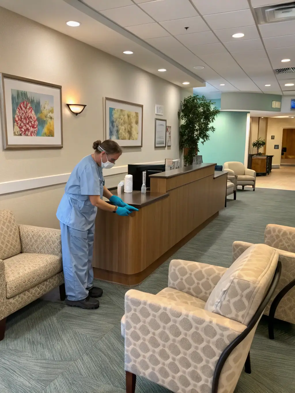 A clean and sterile medical office waiting room with comfortable seating and a focus on hygiene, suggesting a safe and healthy environment for patients.